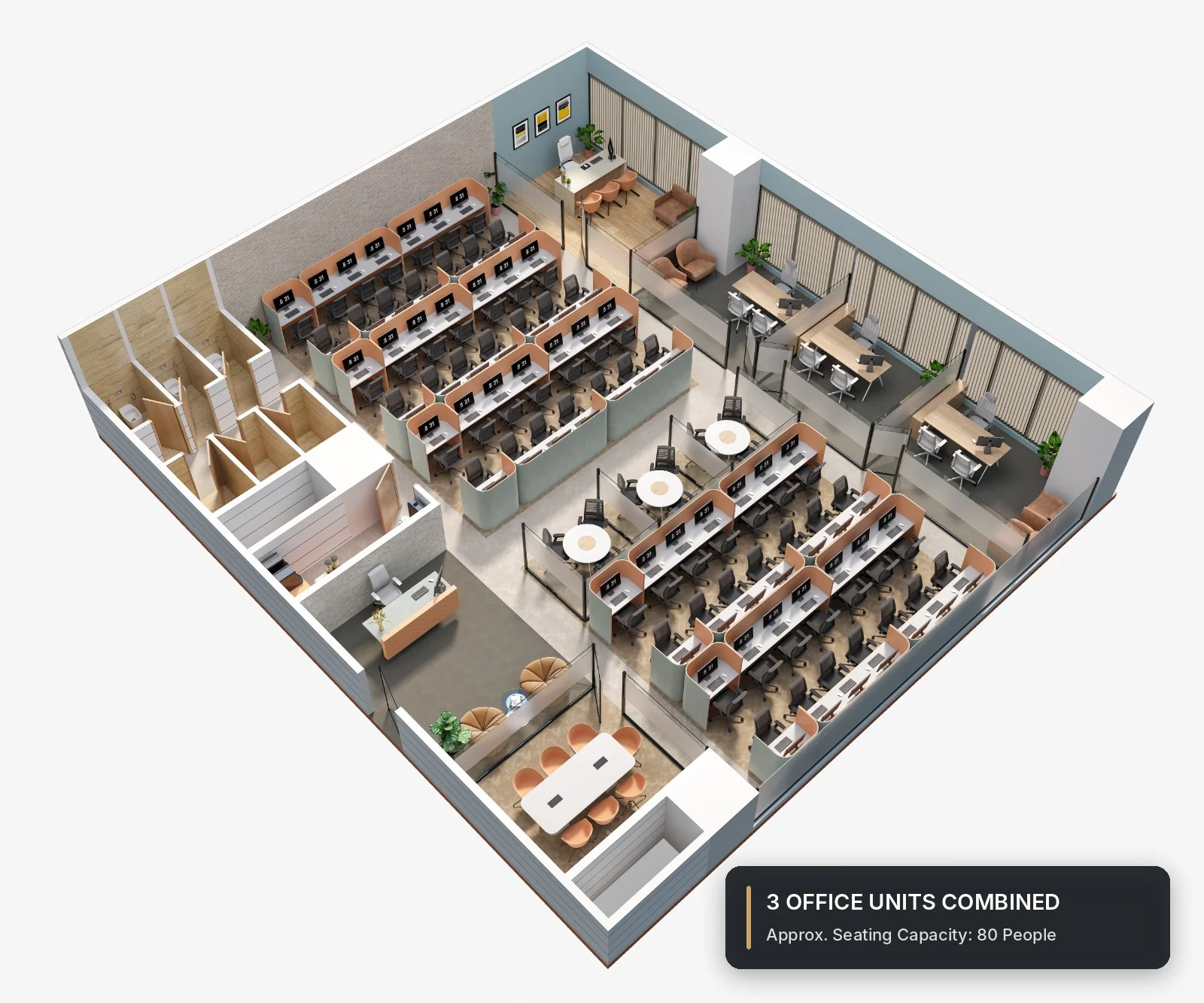 Indicative layout 1: 3 offices combined, seats about 80