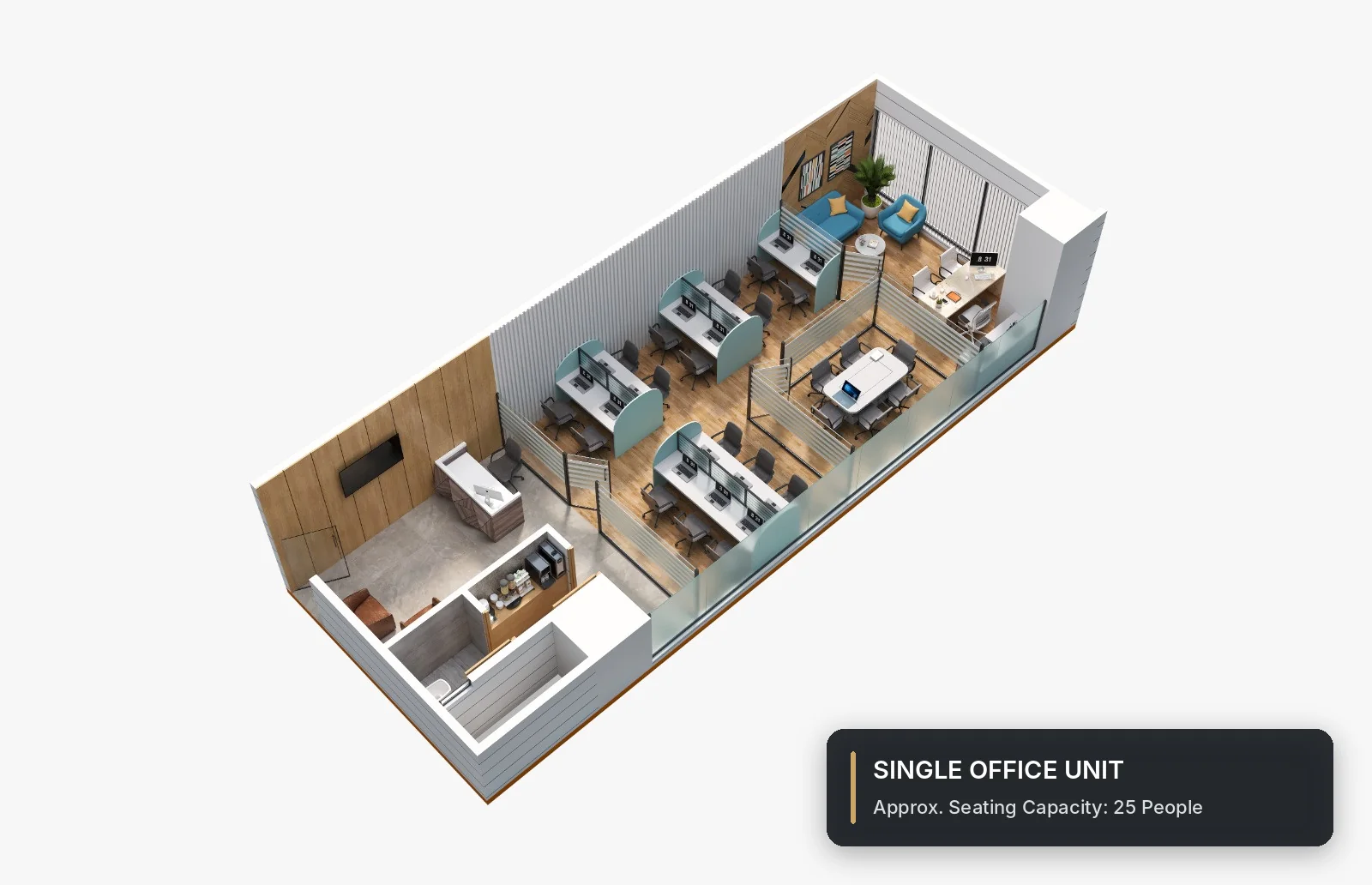 Indicative layout 2: one office, seats about 25