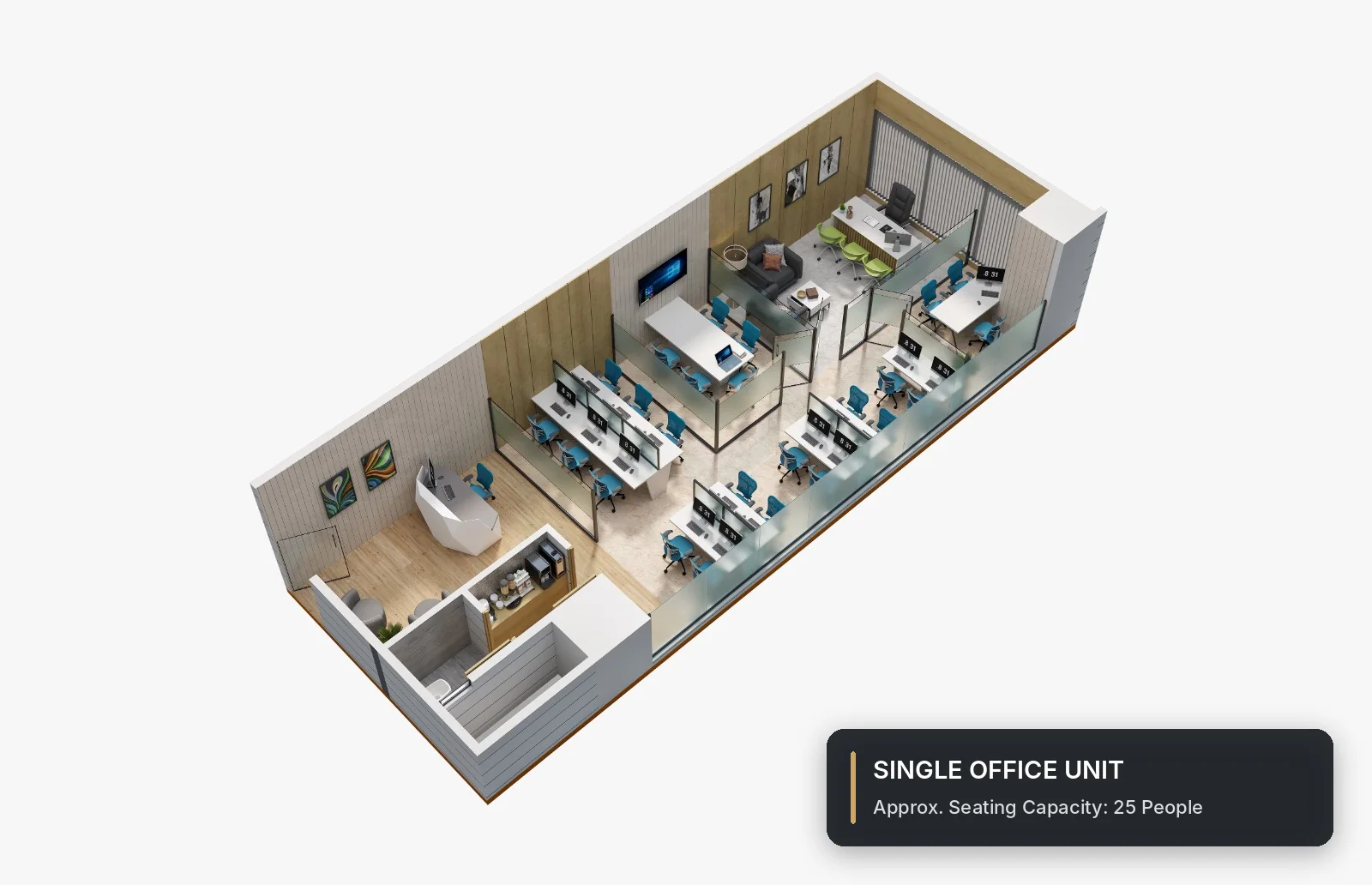 Indicative layout 3: one office, seats about 25