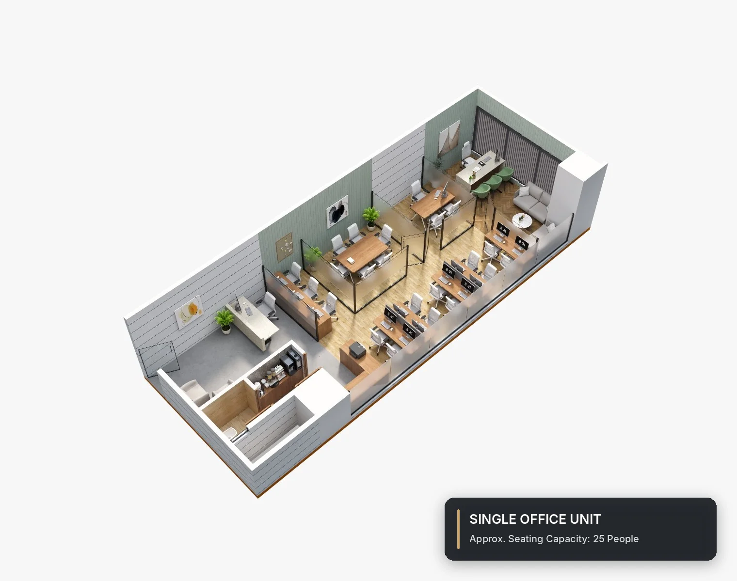 Indicative layout 4: one office, seats about 25