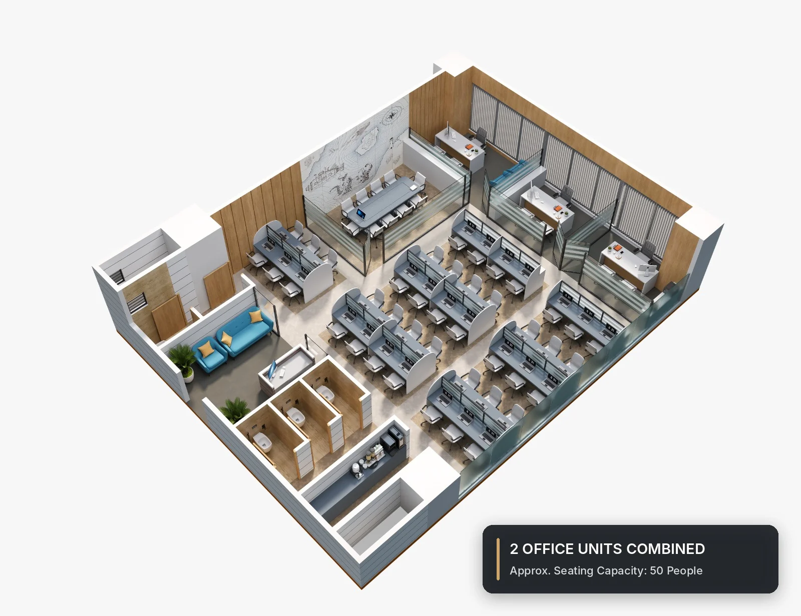 Indicative layout 5: 2 offices combined, seats about 50