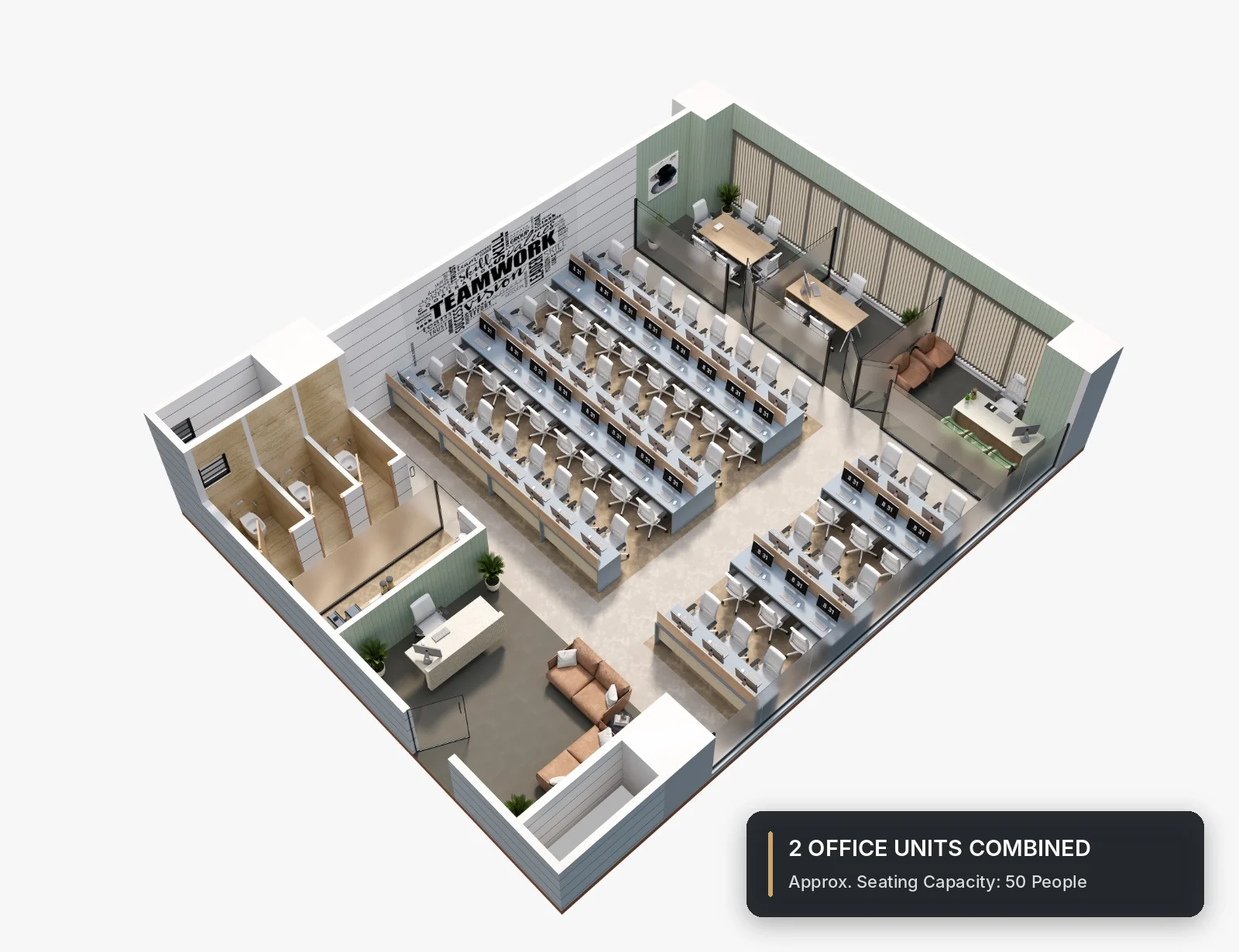 Indicative layout 6: 2 offices combined, seats about 50