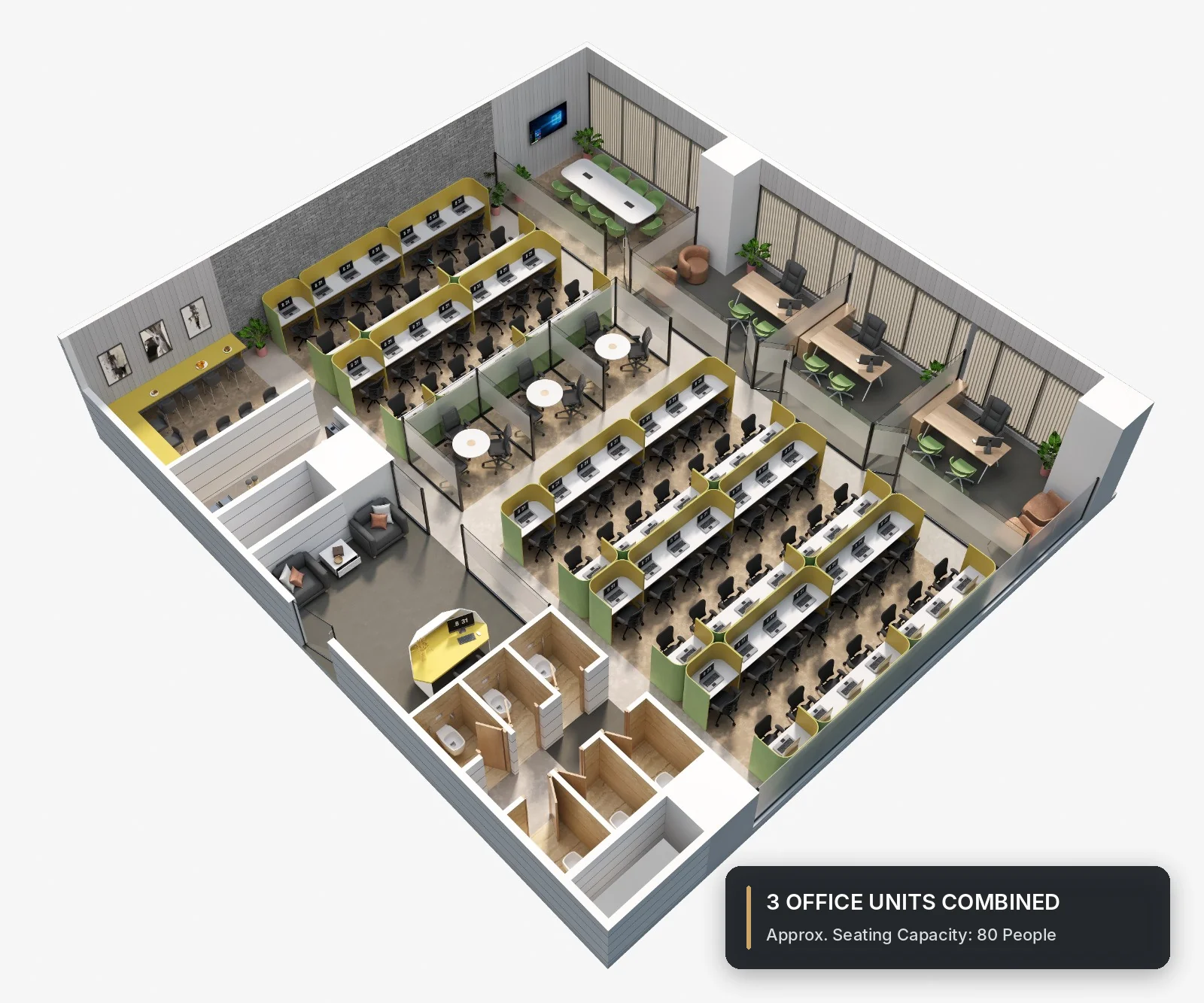 Indicative layout 7: 3 offices combined, seats about 80