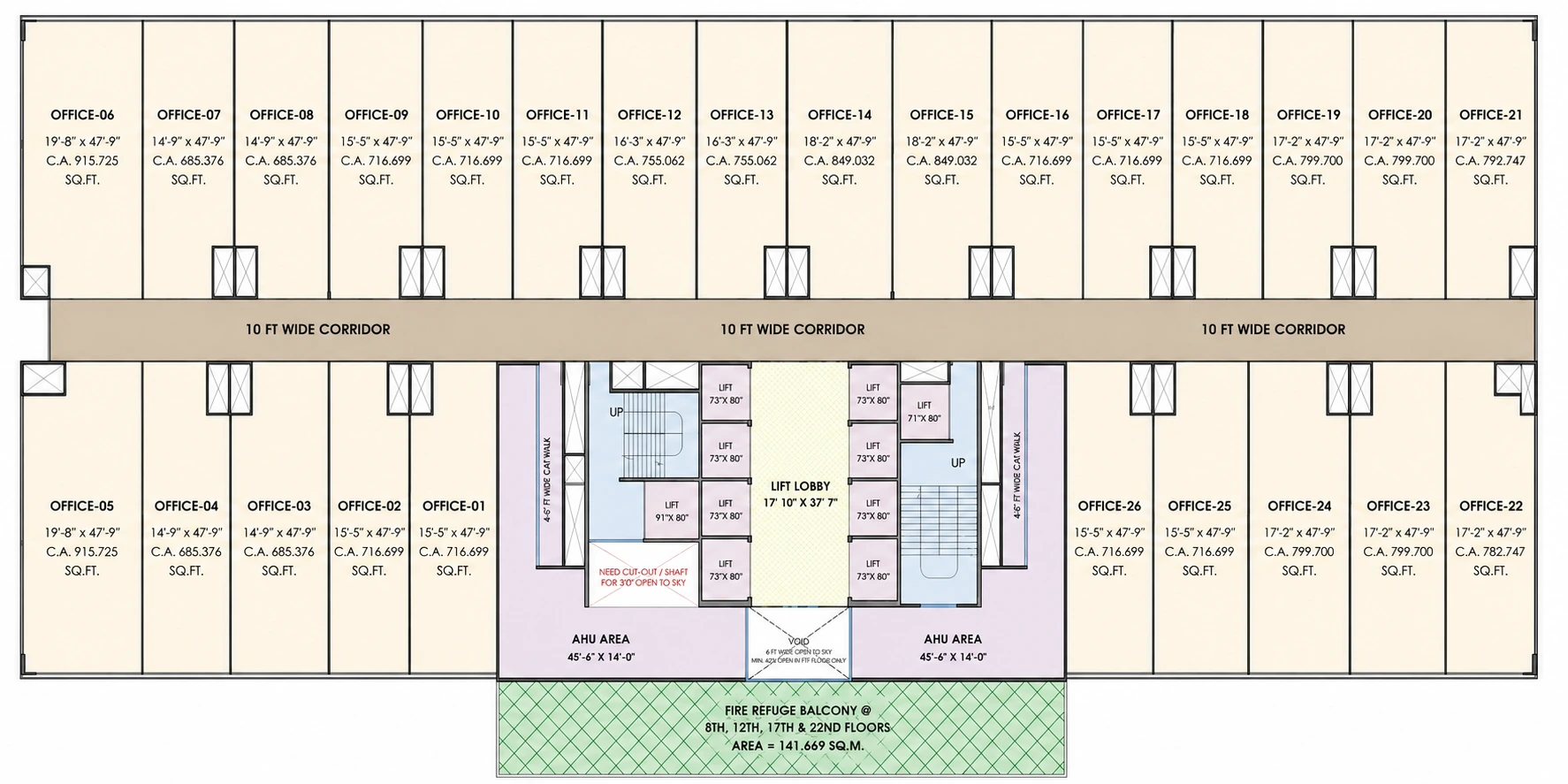 Typical office floor plan, floors 7 to 22